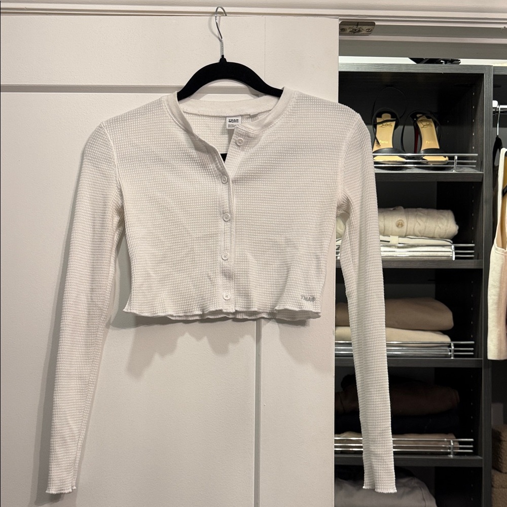 TNA White Cropped Waffle Henley Long Sleeve Top